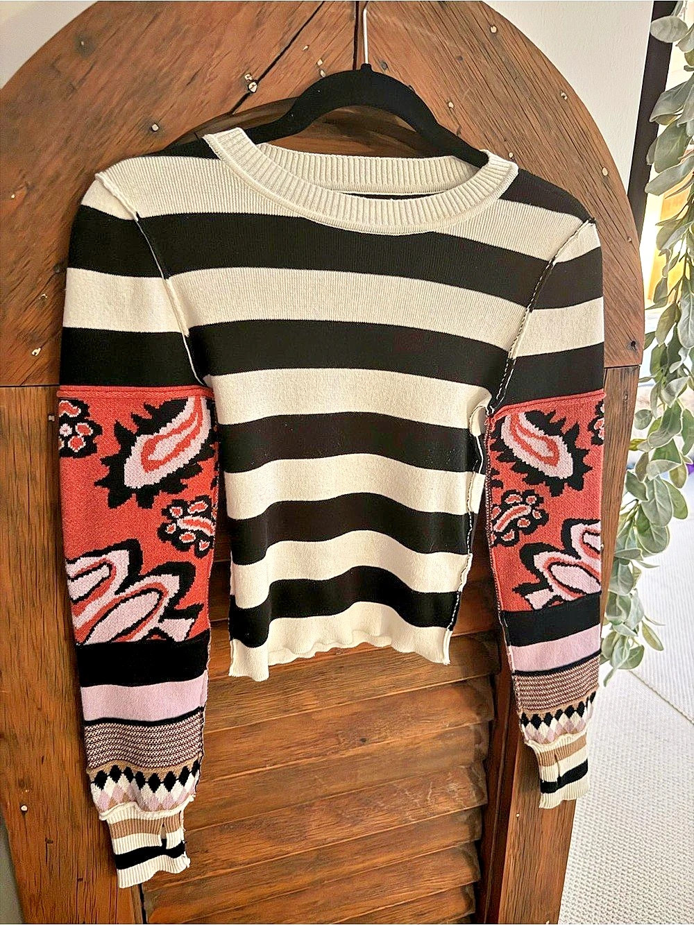 We The Free Vintage Crush Cuff Striped Crew Neck Sweater in Black & White